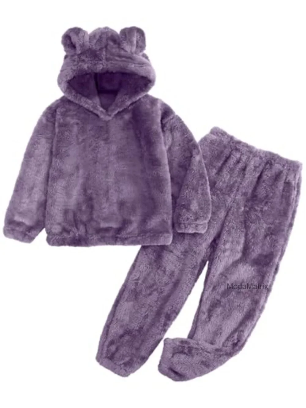 Fuzzy 2 Piece Outfits Sweatsuit Bear Ear Fleece Hoodie and Pants Kids Clothing